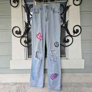 S.O.N.G. 90s Boyfriend Jeans High Rise Distressed Acid Wash Graffiti - Size 0